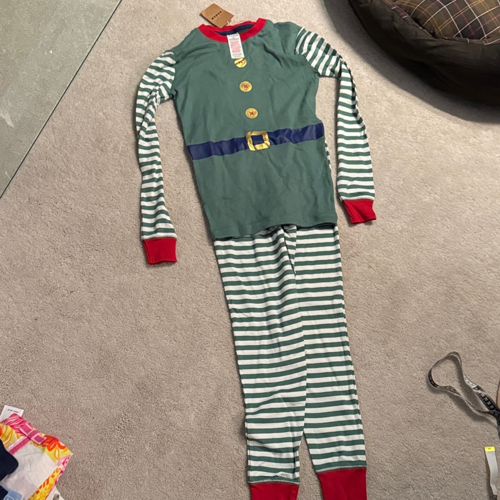 Boden Green holiday elf Pajama Top and bottom with Red Trim NEW
